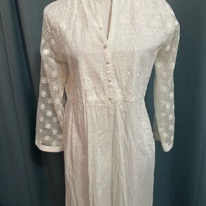 She Posh White Embroidered Lace Boho Tunic Dress L Pearl Buttons Cottagecore